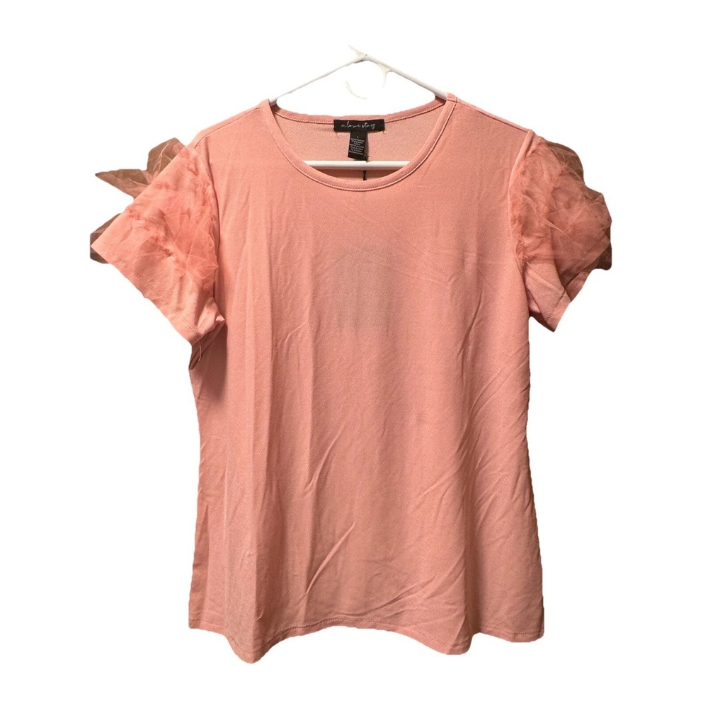 A Love Story Bridal Rose Pink Tulle Tiered Sleeve‎ Scoop Neck Knit Top Large NEW